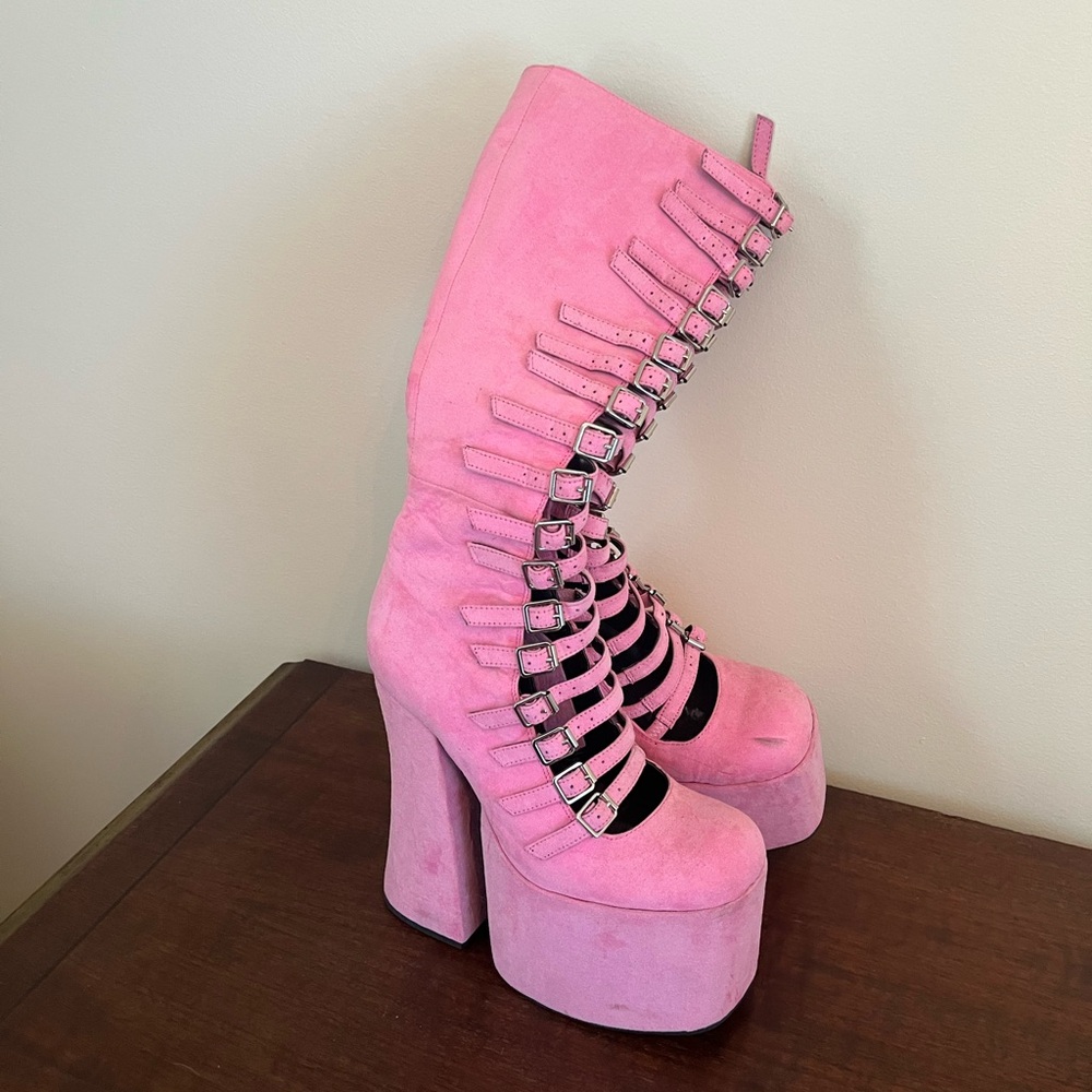 Current Mood pink suede strappy platform boots